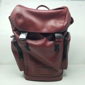 COACH Men's Burgundy Red & Black Leather Metal Buckle Drawstring Laptop Backpack